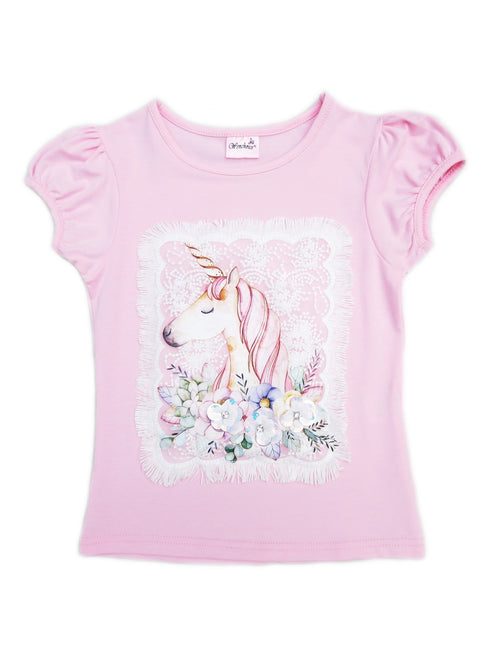 Girls Pink Unicorn Framed Applique Short Sleeved T-Shirt 9M-8 - SophiasStyle.com